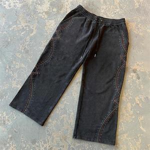 Pantalon de survêtement en coton épais unisxe surdimensionné à jambe droite pantalon de survêtement Baggy lavé vintage avec strass personnalisé pour hommes - Product Image 3