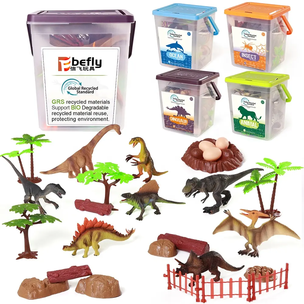 Balde de PVC realista para insetos e animais, padrão reciclado global ECO Dino World, conjunto de brinquedos de dinossauro