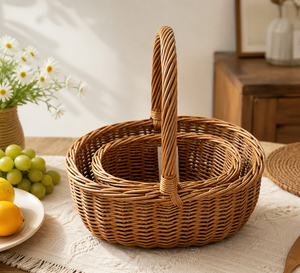 Ensemble de paniers à <span class=keywords><strong>fruits</strong></span> en rotin avec poignée, <span class=keywords><strong>panier</strong></span> tissé pour organiser la cuisine, le rangement de la table, la présentation de cadeaux, la décoration de la maison - Product Image 1