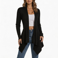 Manteau en tricot côtelé vertical noir uni de haute qualité, à col ouvert en cascade, manches longues, coupe longue, en mélange de laine