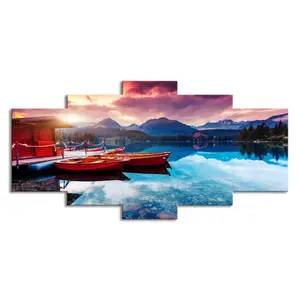 Resort Naturlandschaft blauer See rotes Boot HD moderne Kulisse Bild bedruckt Kunstgemälde für Wohnzimmer Wanddekoration