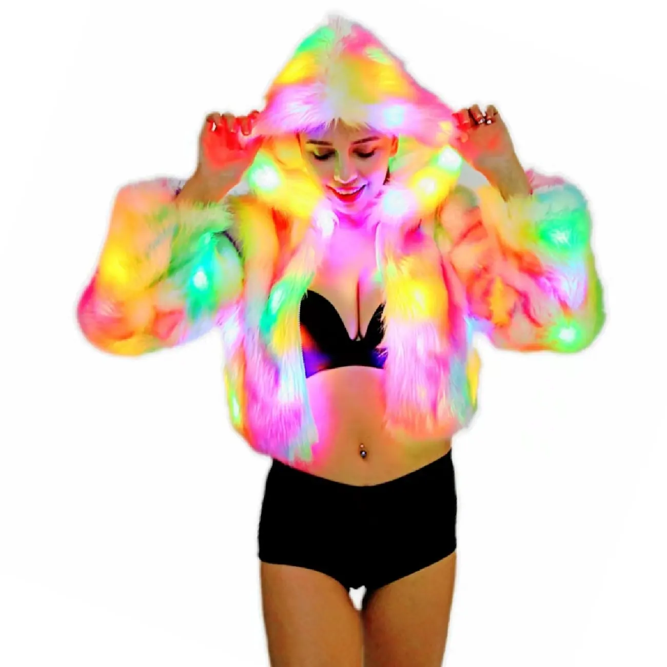 Costume da donna personalizzato di buona qualità a LED per gioco di Halloween luci colorate a LED di colore abbagliante pelliccia di volpe