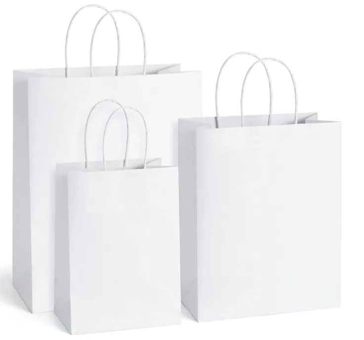 卸売カスタムロゴホワイトギフトバッグミディアムショッピング小売商品結婚披露宴の好意バッグハンドル付きクラフト紙袋