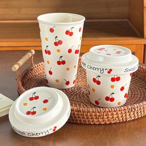 Novelty Cherry Blossom Ceramic Tumbler with Lid Porcelain Coffee Cup <b>Cute</b> <b>Mugs</b> for Girls - Product Image 1