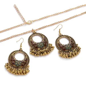 Classic Vintage Gold Color Round Dangle Earrings Necklace Women's Bohemian Tassel Beads Earrings Jhumka Indian Jewelry Set