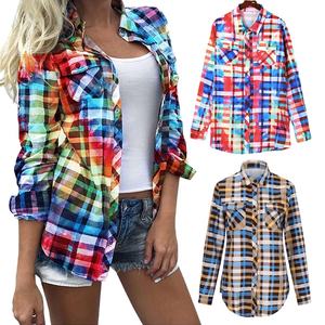 <strong>Womens</strong> Colorful Plaid Print Shirts Rainbow Button Down Checkered Blouse Long Sleeve Tops Fall <strong>Clothes</strong> Casual Shirt - Product Image 1