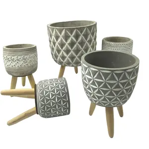 Unique Design glass fiber cement flower pot making with wooden stand
