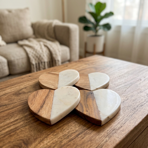 Creative <b>Heart</b> Marble and Wooden Coaster Set Heat Resistant Durable Drink Coasters for Dining Coffee Table Home Decor - Product Image 1