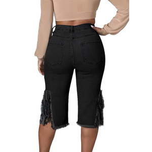 Pantalones Vaqueros YUANBOFEI para <span class=keywords><strong>Mujer</strong></span>, Cintura Alta, Lavados, Elásticos, Rotos, con Borlas, <span class=keywords><strong>de</strong></span> Cinco Puntos, para Uso Diario - Product Image 4