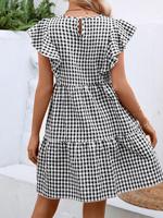 Robe mini à volants et manches à volants en gingham noir et blanc, robe babydoll ample à col rond