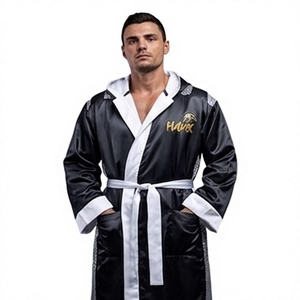 HAWK SPORTS INDUSTRIES Plavok Robe de boxe noire et blanche en satin polyester durable, confortable pour l'entraînement en arts martiaux, toutes saisons - Product Image 1