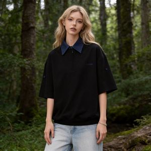 Black Short Sleeve for <b>Shirt</b> with Stand Collar and Embroidered Logo Slim Fit Casual Men's Knitted Washed 100% Cotton T-<b>Shirt</b> - Product Image 3