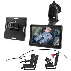 Monitor de bebé de coche de visión nocturna clara HD 1080P de 5 pulgadas con cámara con soporte de ventosa reutilizable espejo de coche de bebé