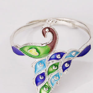 中国風エナメル孔雀クラスターリング メンズ レディース ヴィンテージ オープン アジャスタブル ラッキーリング - Product Image 1