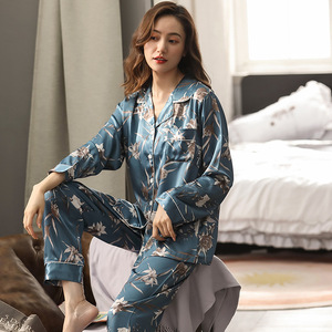 Pigiama Floreale in Seta Ghiaccio Traspirante da Donna, Set Due Pezzi Sottile a Maniche Lunghe Primavera Autunno, Cardigan Coreano per Giovani Mamme, Abbigliamento da Casa - Product Image 4