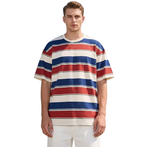 T-shirt décontracté à manches courtes pour homme, coupe ample, en coton 100% anti-boulochage, à col rond, tricoté, à rayures, motif rouge, bleu et blanc - Product Image 1