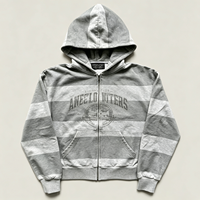 Hoodie Zip Up Heavyweight Vintage Wash Bergaris Streetwear Atasan Pria Abu-abu Putih Garis Horizontal Grafis Pullover Grosir