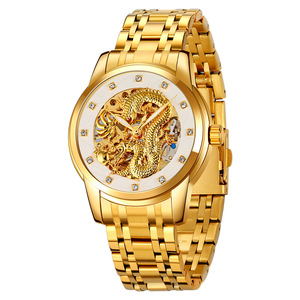 Relief gold <b>dragon</b> transparent mechanical watch with diamond-studded steel strap, water-resistant, for business men's wrists - Product Image 3