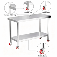 Table de préparation double couche robuste pour cuisine commerciale avec roulettes pour restaurant, hôtel, boulangerie, table de travail en acier inoxydable