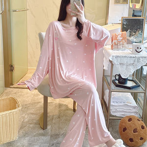 طقم بيجامات مودال للنوم، ربيعي وخريفي، بتصميم أنيق مع حشوات صدر، أكمام طويلة وبنطلون، مقاسات كبيرة 230 جين فات إم - Product Image 6