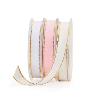 Factory wholesale 100% polyester metallic gold edge polyester grosgrain ribbon