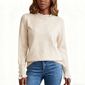 เสื้อสเวตเตอร์ไหมพรมผู้หญิงแฟชั่น แขนยาว คอวี แต่งลูกไม้ ปิดกระดุม สำหรับฤดูใบไม้ร่วง/ฤดูหนาว - Product Image 3