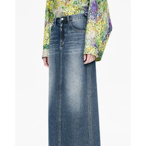 Jupe longue en jean bleu personnalisée pour femme, 100 % coton, taille haute, style vintage, délavée et déchirée, coupe ample - Product Image 3