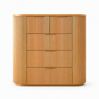 Commode à cinq tiroirs cannelée Disen, avec façade verticale à lattes, haute, pour chambre et salon, en bois de chêne naturel, multi-usages