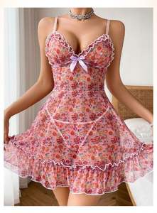 H3986 Primavera Verano 2025 Nueva Camisola Sexy de Malla con Estampado Floral, Camisón Transparente con Volantes, Pijama para Mujer - Product Image 3