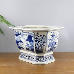 <span class=keywords><strong>Maceta</strong></span> Rectangular de Cerámica de Jingdezhen, Azul y Blanca, Pintada a Mano con Diseño de Paisaje, <span class=keywords><strong>Maceta</strong></span> Grande con Orificio de Drenaje - Product Image 4