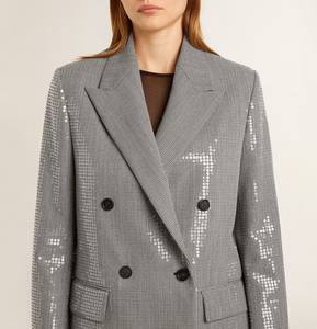 Double-breasted Blazer-style Wool Boyfriend <b>Jacket</b> in Micro Bows and <b>Sequins</b> Velour Fabric Woven Technique - Product Image 2