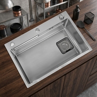 Évier de cuisine moderne en acier inoxydable 304, à cuve unique carrée, multifonctionnel, fait main, avec surface nano