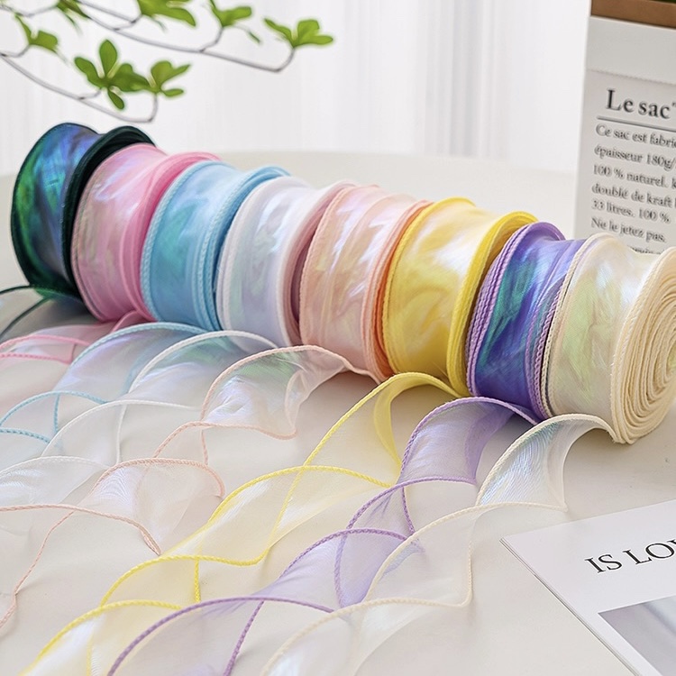 Wholesale Glitter Wired Ribbon Luxury Gift Ribbon Colorful Transparent Organza Ornaments With Wired Ribbon
