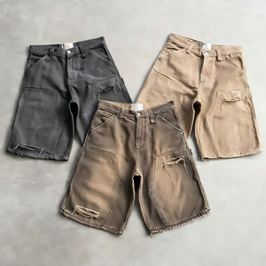 Pantalones cortos de mezclilla personalizados para hombre, de algodón desgastado, con doble rodilla, estilo carpintero, bajo MOQ - Product Image 1