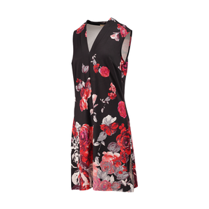 Robe ample sans manches à col en V pour femme, en mélange de soie noire, imprimés floraux audacieux rouge et rose, légère, pour les occasions estivales - Product Image 4