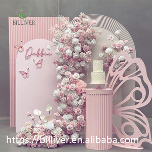 Perlengkapan Pernikahan Ulang Tahun Pengantin Premium Lengkungan Bunga Ungu Papan Latar Belakang PVC Desain Riak Pink dan Biru yang Dapat Disesuaikan - Product Image 4