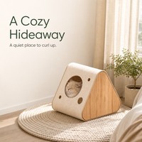 Indoor-Haustiermöbel: Katzenhaus aus Naturbambusholz mit Filz, Mehrfachloch-Katzenversteck, interaktive Katzenspielbox