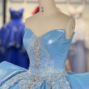ชุดเดรสสีฟ้าสำหรับงาน Quinceanera ฉลองอายุ 15 ปี ประดับดอกไม้หลากสีสัน แต่งเลื่อมสีน้ำเงิน ประดับลูกปัด ผ้าลูกไม้ ชุดราตรีสำหรับงานปาร์ตี้ Dy1371 - Product Image 5