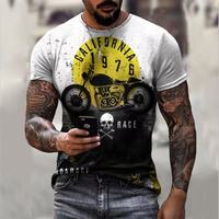 T-shirt vintage pour homme, imprimé dessin animé moto, orange, effet vieilli, manches courtes, col rond, coupe ajustée, 100 % coton, style motard streetwear