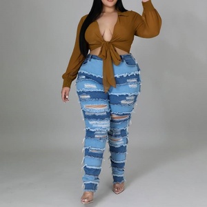 2025 New Style Women's Plus Size Casual Distressed Jeans Color Block <b>Stretch</b> <b>Denim</b> Pants with Logo on Waist New Design - Product Image 1