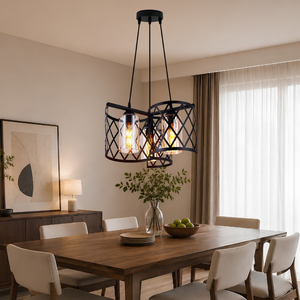 Luminaire suspendu en treillis de diamants à 3 lumières, lampe suspendue en métal noir à maille croisée avec verre ambré - Product Image 2
