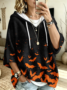 Sweat-shirt à capuche ample et décontracté pour femme, manches longues, imprimé citrouille et chat noir d'Halloween, en polyester, pour les fêtes, vente en gros - Product Image 6