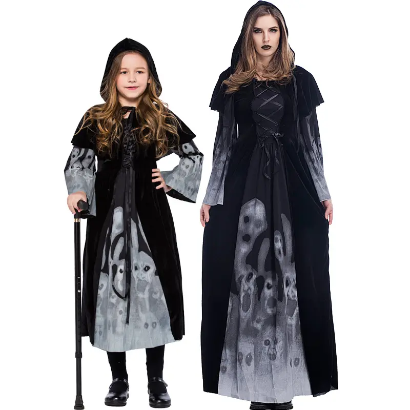 Halloween Schädel und Knochen Mädchen schwarzen Schleier Hexe Phantasie Kostüm Elf Cape Stage Cos Kleid