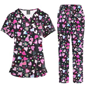 Wholesale <b>Nursing</b> Scrubs Set Women Printed V Neck Uniform Elastic Waist Pants Multiple Pockets for Hospital Medical Dental Staff - Product Image 5