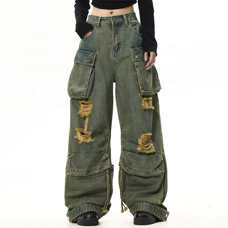 Custom ladies baggy cargo jeans High waist loose vintage pockets cargo pants distressed tears cargo pant Women