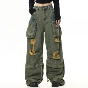 Jeans baggy cargo personnalisés pour femmes pantalon cargo vintage à taille haute avec poches pantalon cargo déchiré pour femmes