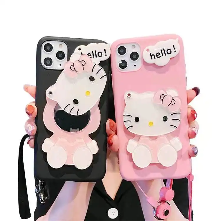 Classical Hello Kitty Cute Cartoon Make Up Mirror Kawaii Phone Case For Apple Iphone13 12 11 Pro Max Xs Back Cover For Girls