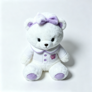 Oso de peluche blanco personalizado con diadema de lazo morado, camisa blanca con ribete morado y bordado de flores, oso de peluche suave y esponjoso - Product Image 2