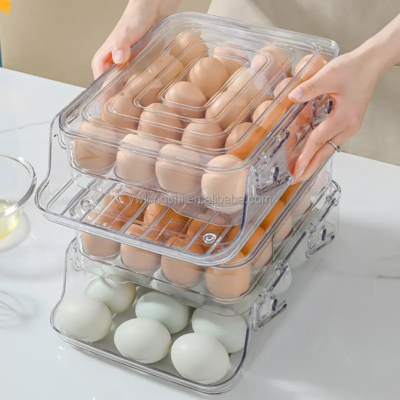 2023 baru Aksesori dapur plastik 2 lapisan mengangkat geser baki telur bergulir kotak penyimpanan telur untuk kulkas