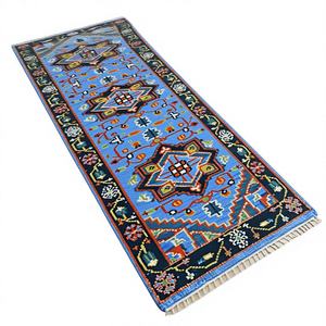 พรมขนสัตว์สีน้ำเงินทำมือ, พรมทางเดินลายเรขาคณิต, พรมปูพื้นทางเข้าแบบสั่งทำขนาดพิเศษ, พรมสำหรับห้องครัว - Product Image 1